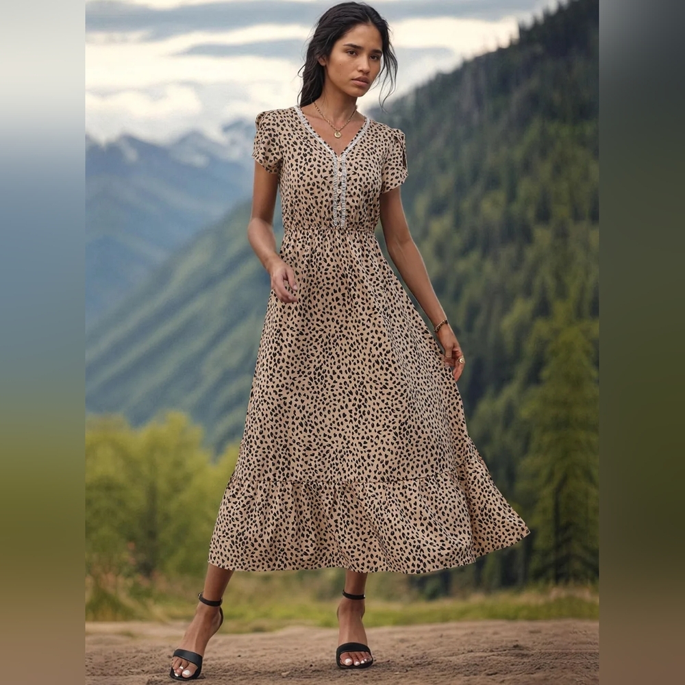 NWT - Boutique - Side Slit Printed V-Neck Camel Short Sleeve Midi Dress - Size M